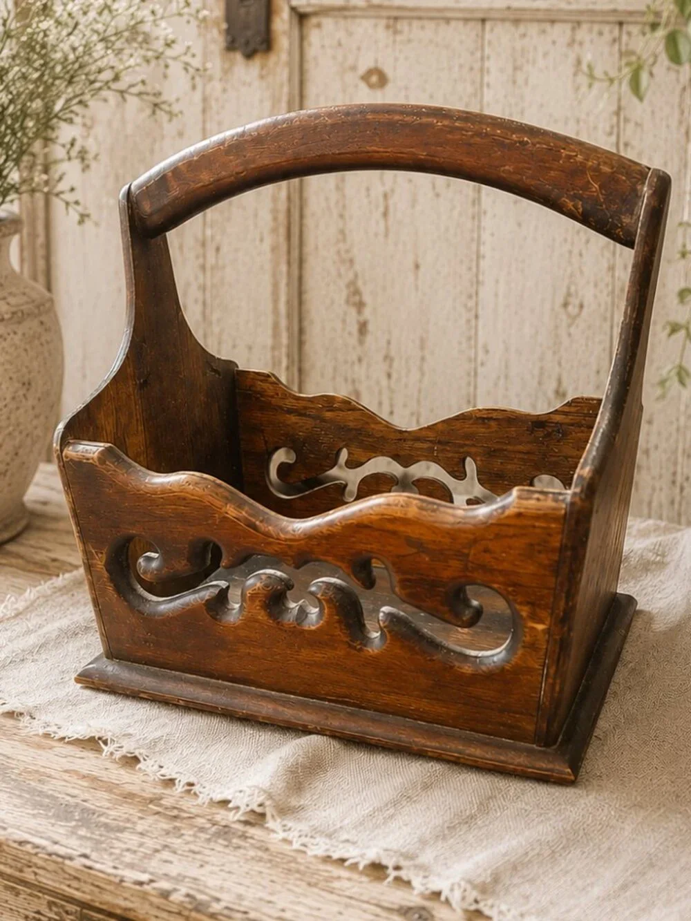 Vintage Primitive Handmade Wooden Basket With Intricate Cut-Out Details